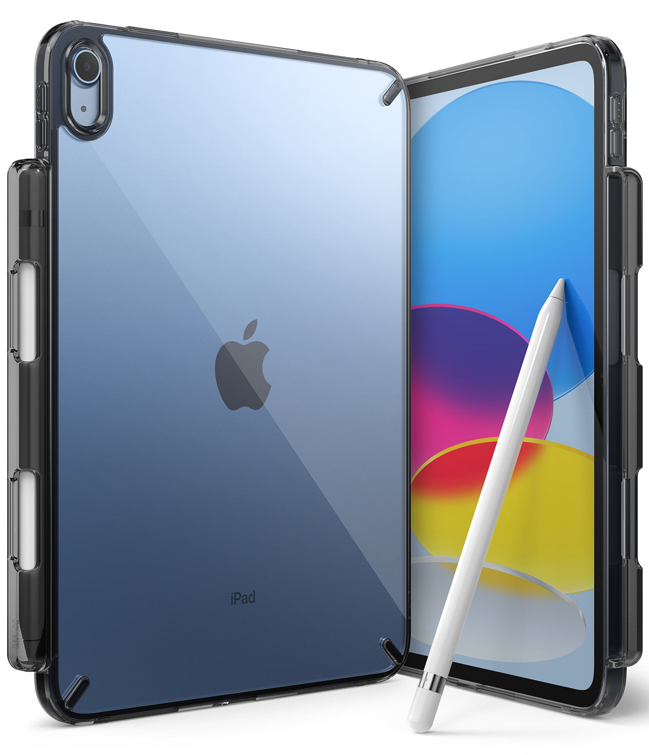 Fusion | iPad - Clear protective case on a blue iPad with a white stylus resting on the screen.