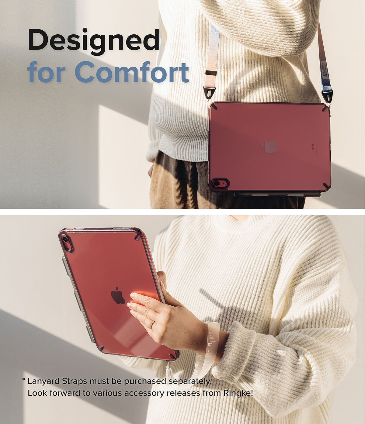 Fusion | iPad - Person wearing a red iPad in a clear protective case with a shoulder strap and wrist lanyard.