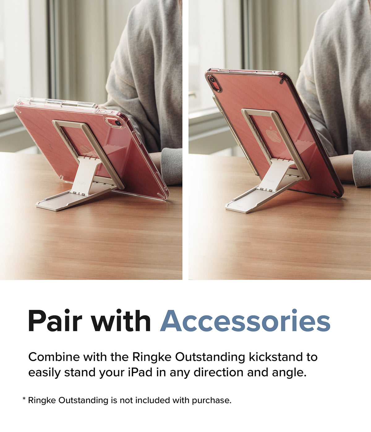 Fusion | iPad - An iPad in a clear case supported by a foldable kickstand in landscape and portrait orientations.
