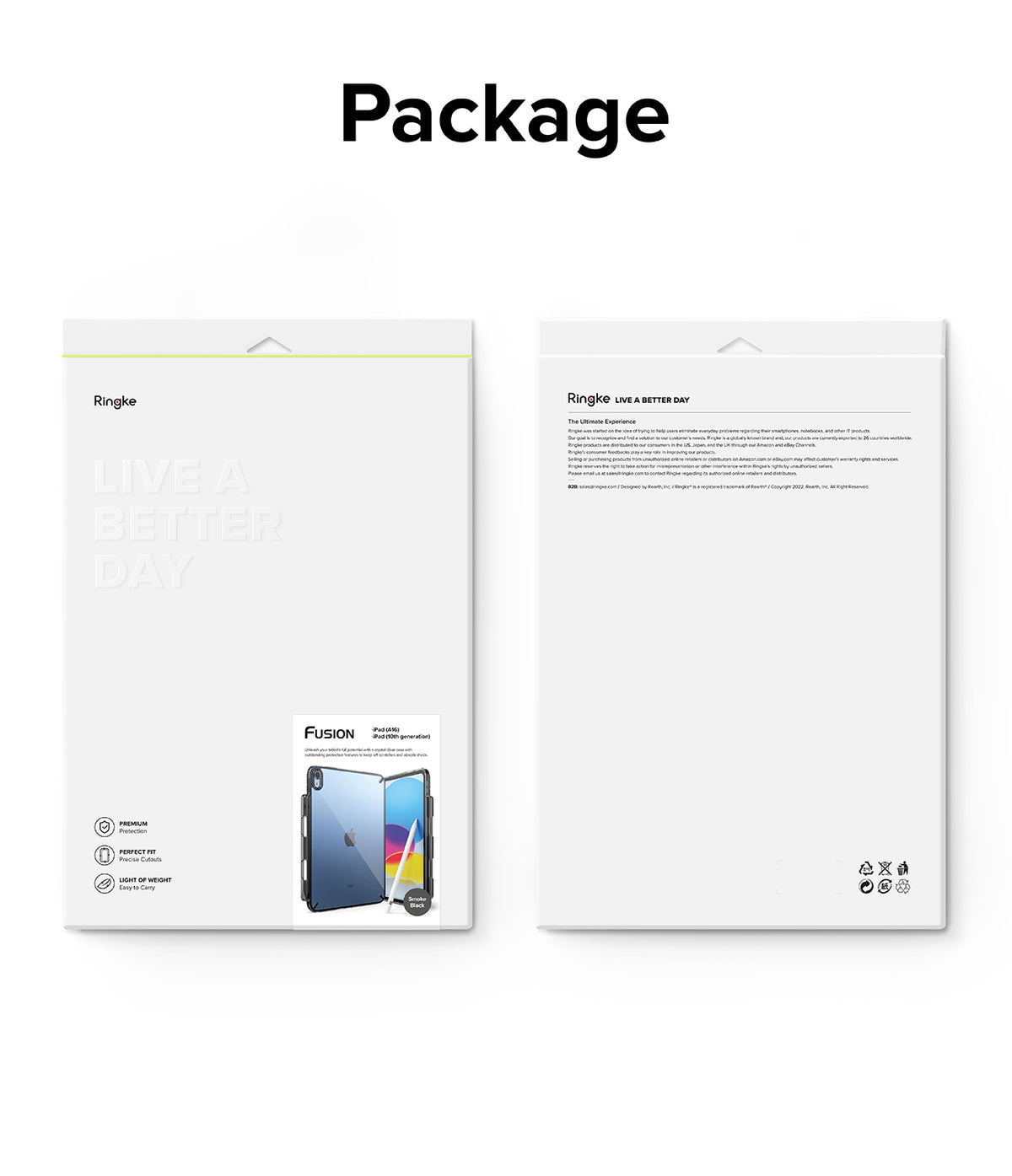 Fusion | iPad - Front and back view of Ringke Fusion iPad case packaging with product details and branding.