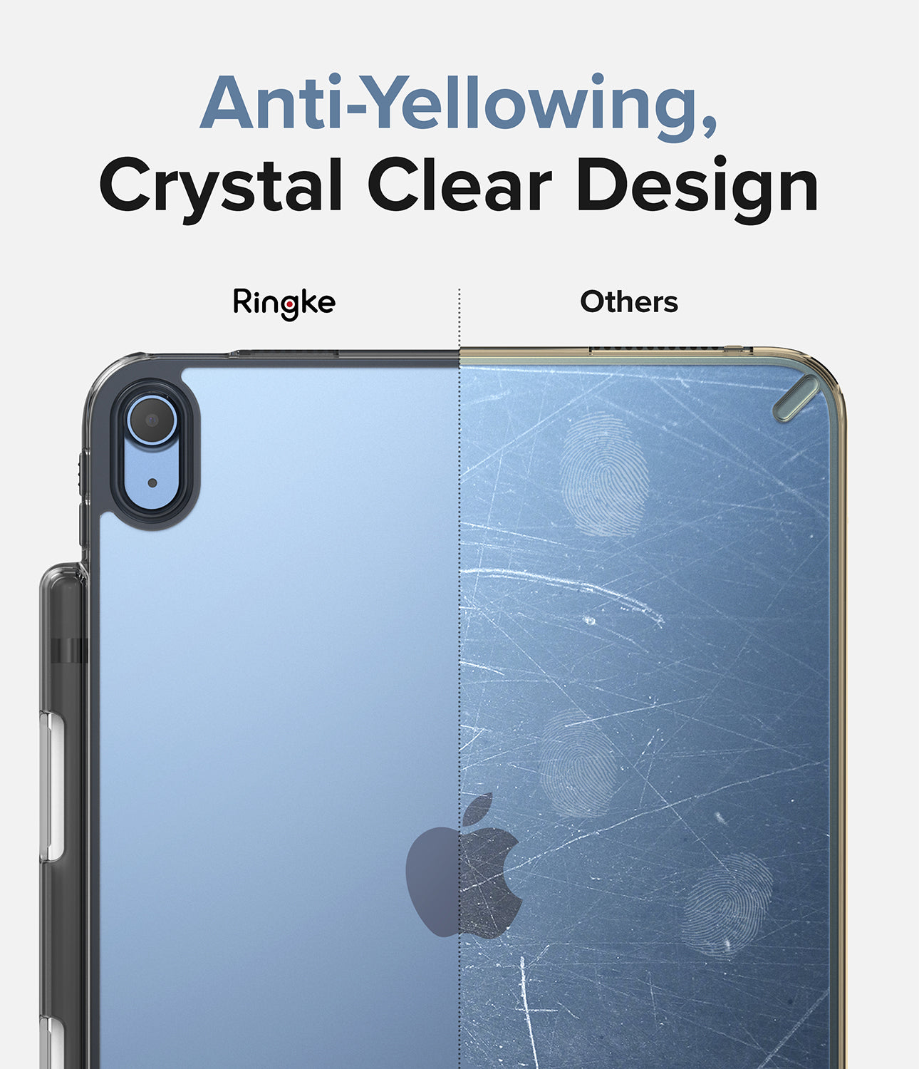 Fusion | iPad - Comparison showing a clear, scratch-free Ringke case versus a yellowed, scratched, and smudged competitor case.