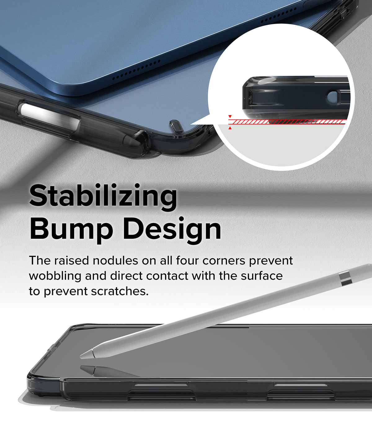 Fusion | iPad - Close-up of raised corner nodules on a clear iPad case that prevent surface contact and wobbling.