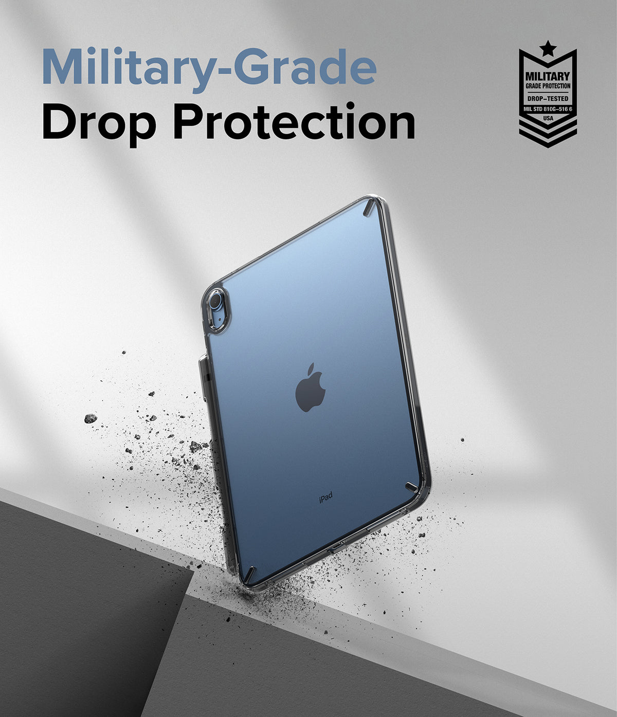 Fusion | iPad - A blue iPad in a clear protective case hovering above a surface with debris, highlighting drop protection.