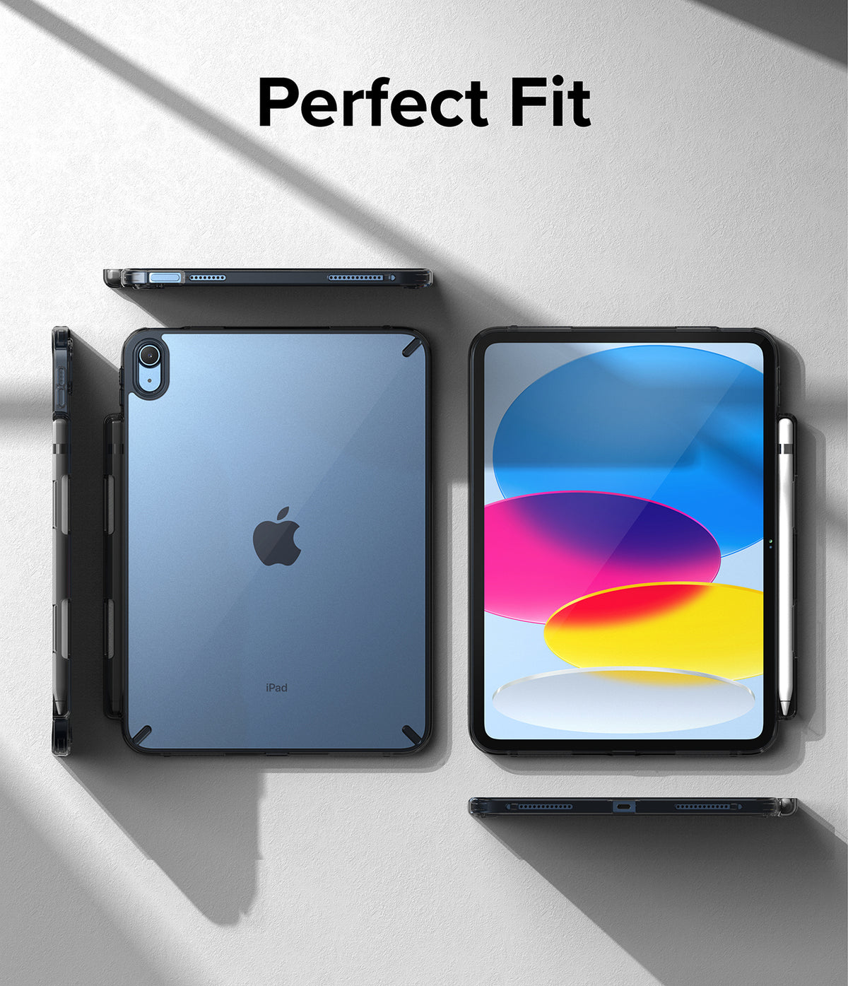 Fusion | iPad - Multiple views of a blue iPad in a black protective case with a stylus, displayed on a light gray surface.