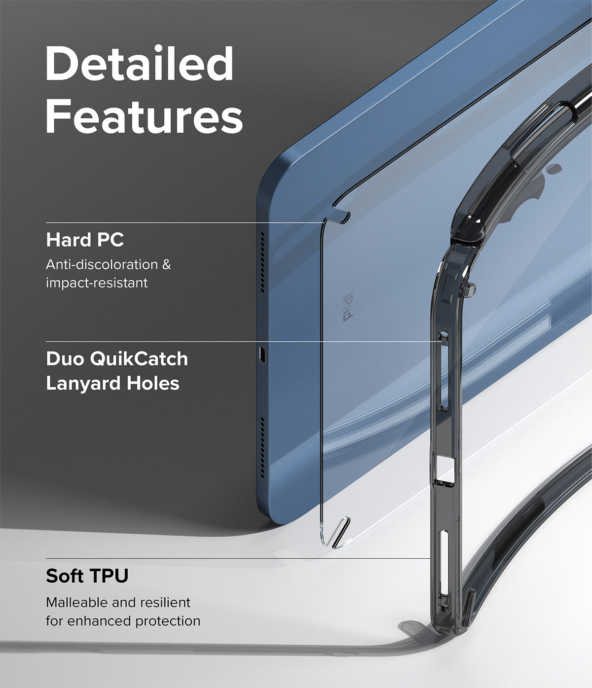 Fusion | iPad - Close-up of a clear iPad case highlighting hard PC, lanyard holes, and soft TPU features with text labels.