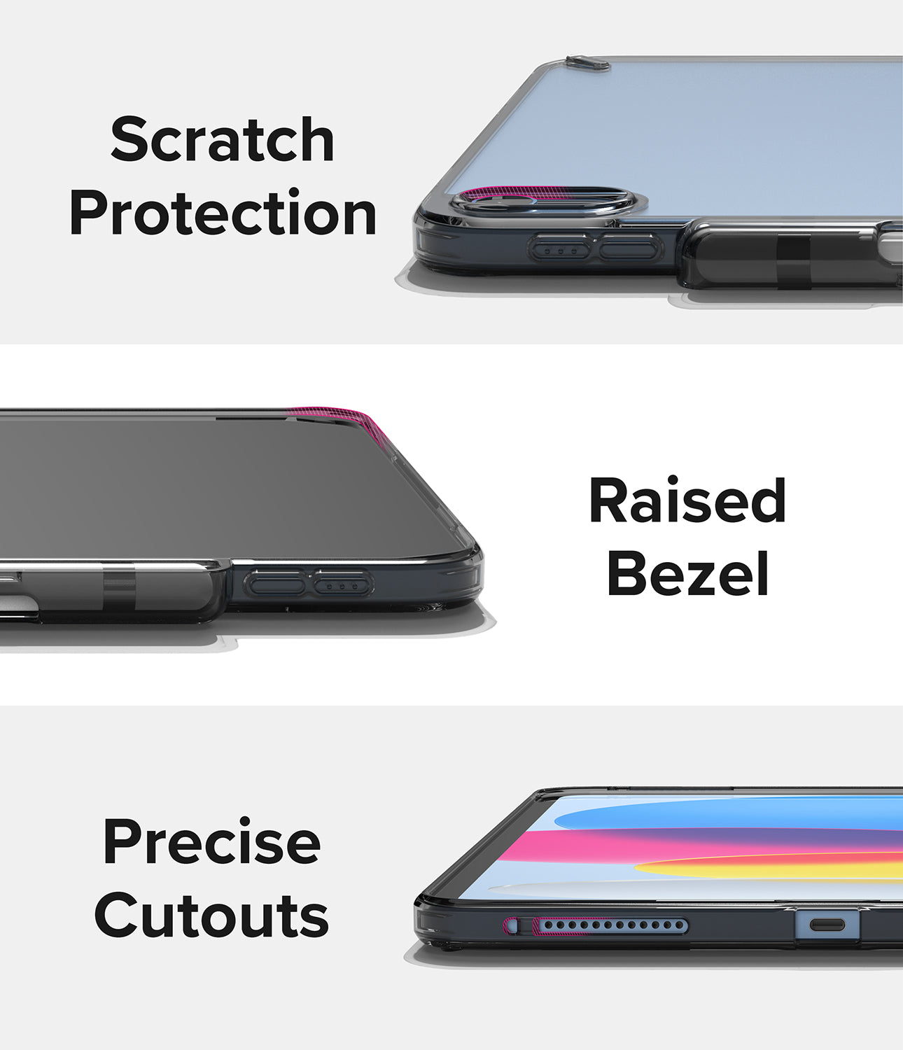 Fusion | iPad - Three panels showing iPad case features: scratch protection, raised bezels, and precise port cutouts.