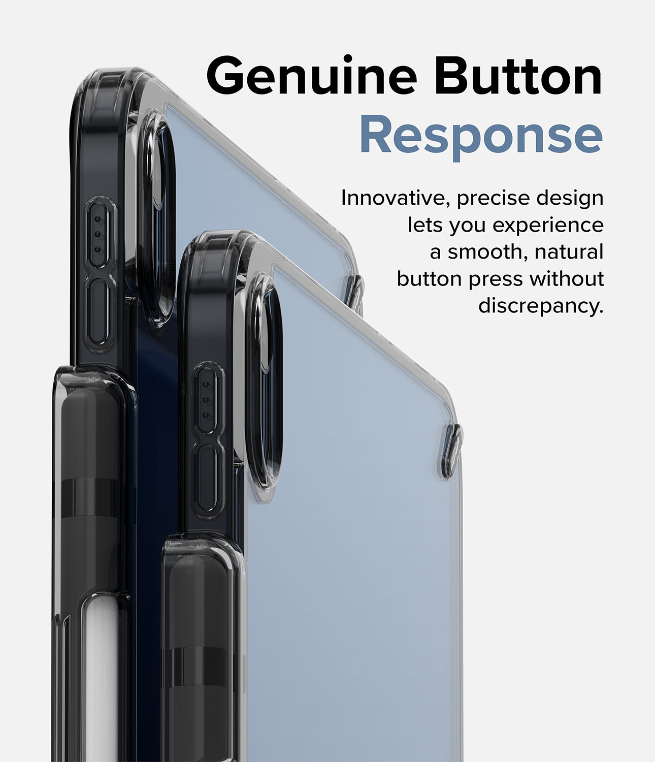 Fusion | iPad - Close-up of a clear iPad case highlighting precise, responsive button covers and a sleek, protective design.