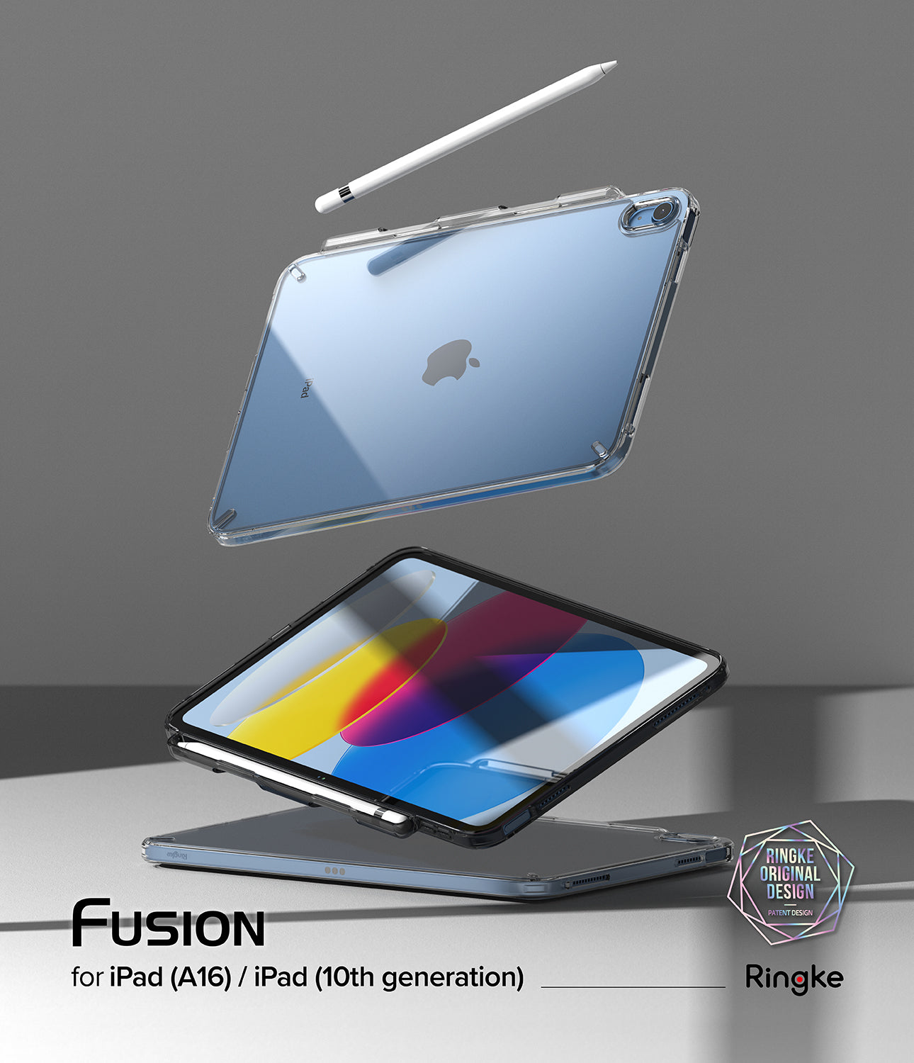 Fusion | iPad - Clear protective case for iPad with a stylus, shown in floating exploded view against a gray background.