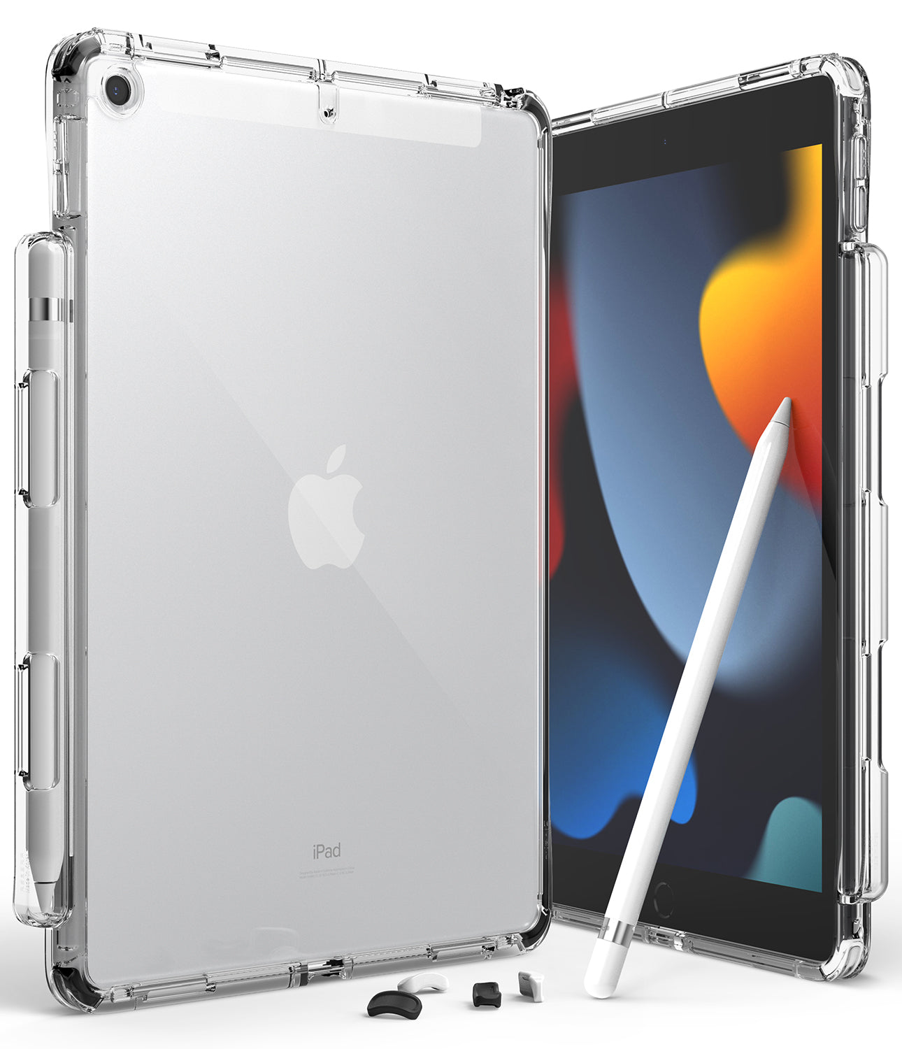 Fusion Plus | iPad - Clear protective case on an iPad with a stylus holder, shown from front and back with a stylus.