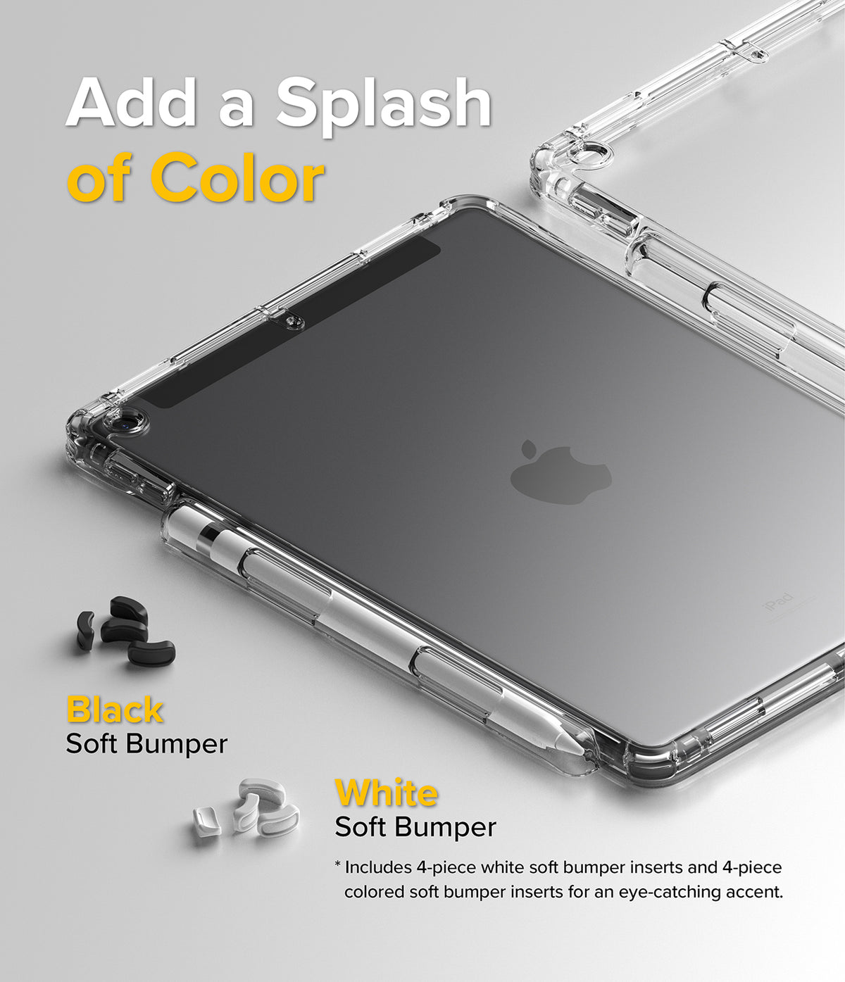 Fusion Plus | iPad - Clear iPad case with interchangeable black and white corner bumper inserts on a light gray background.