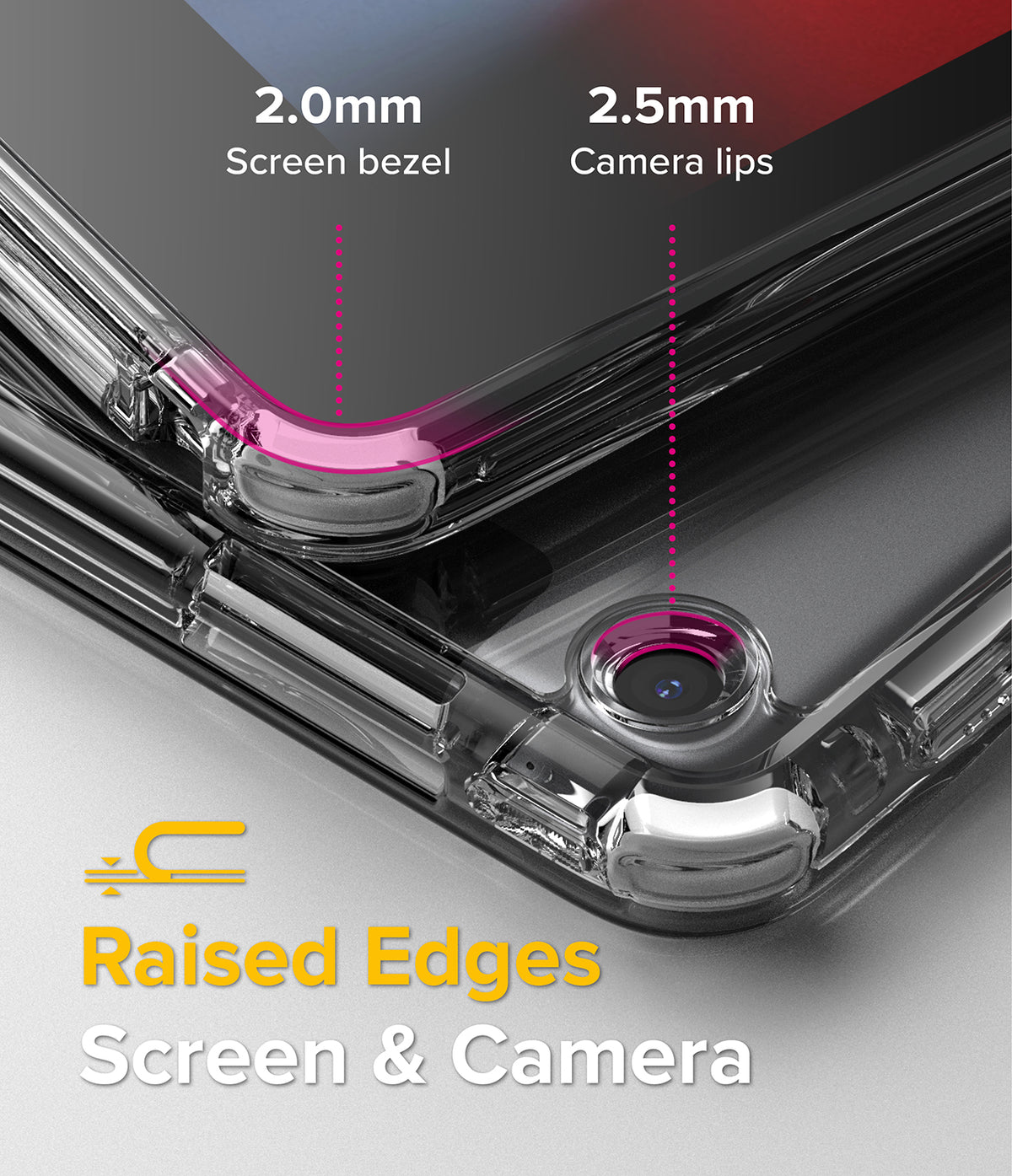 Fusion Plus | iPad - Close-up of clear iPad case showing 2.0mm screen bezel and 2.5mm camera lip protection.