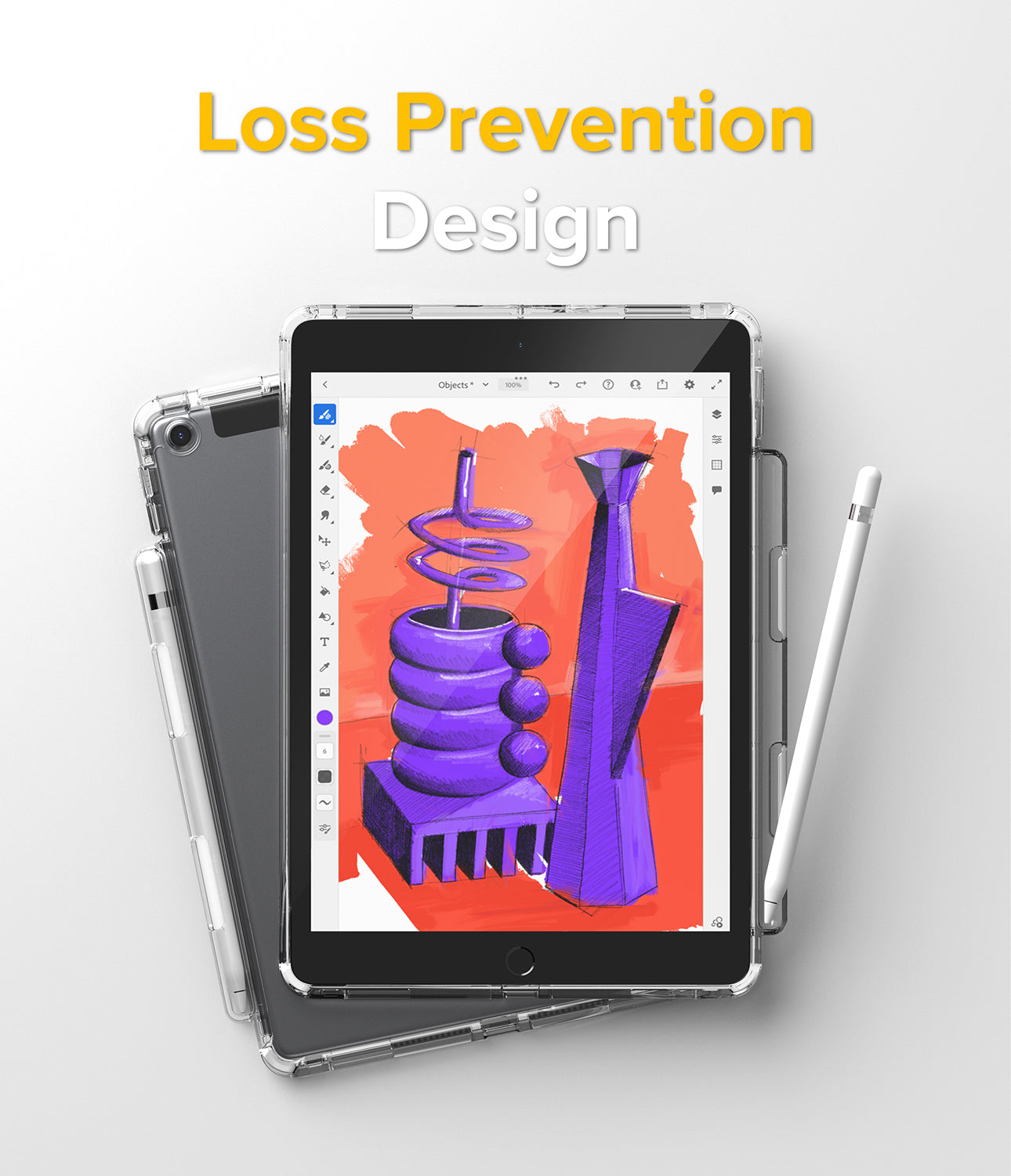 Fusion Plus | iPad - iPad in a clear protective case with stylus, displaying a digital art app with purple abstract shapes.