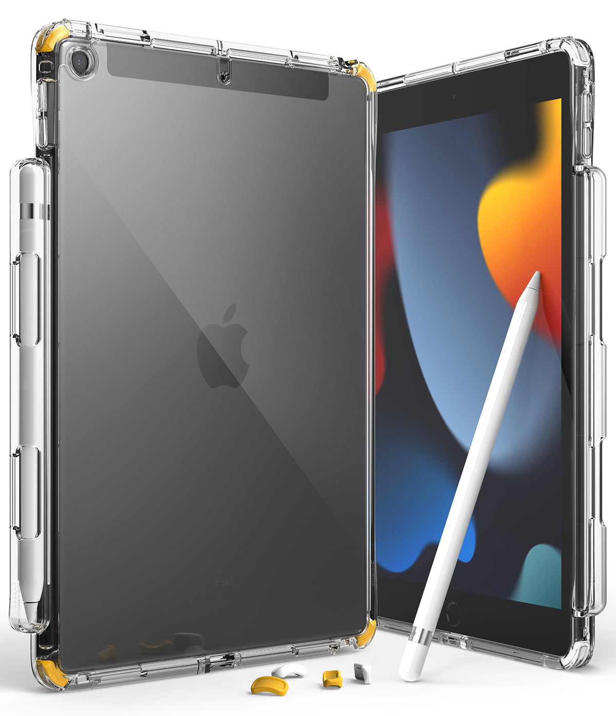 Fusion Plus | iPad - Clear protective case on an iPad with yellow corner accents and a stylus holder, shown front and back.