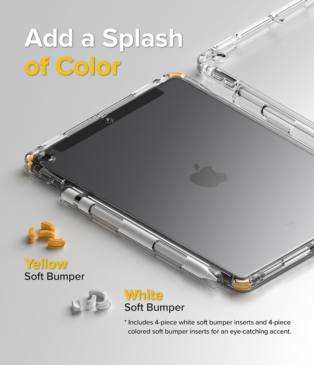 Fusion Plus | iPad - Clear iPad case with interchangeable yellow and white corner bumper inserts and an Apple Pencil holder.