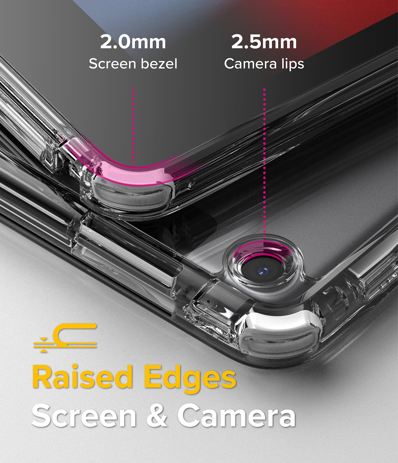 Fusion Plus | iPad - Close-up of clear case showing 2.0mm screen bezel and 2.5mm camera lips for raised edge protection.