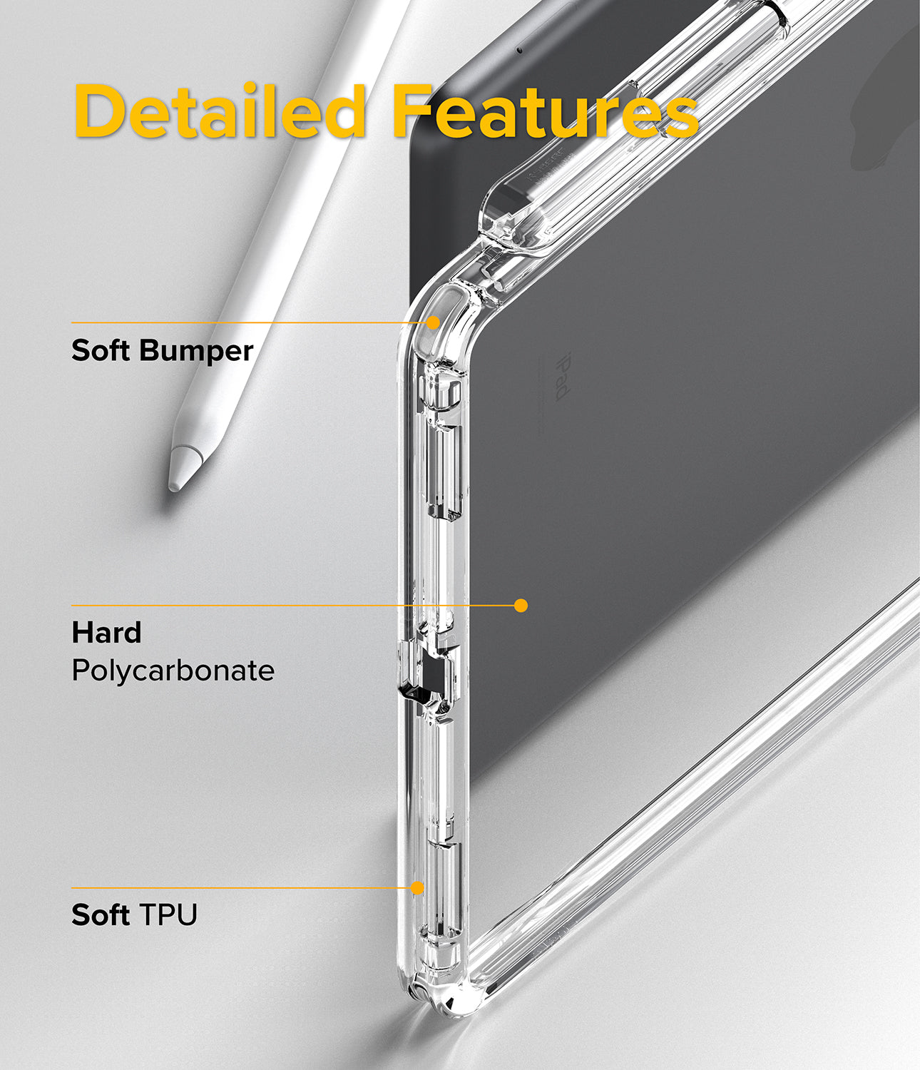 Fusion Plus | iPad - Close-up of clear iPad case highlighting soft bumper, hard polycarbonate, and soft TPU construction.
