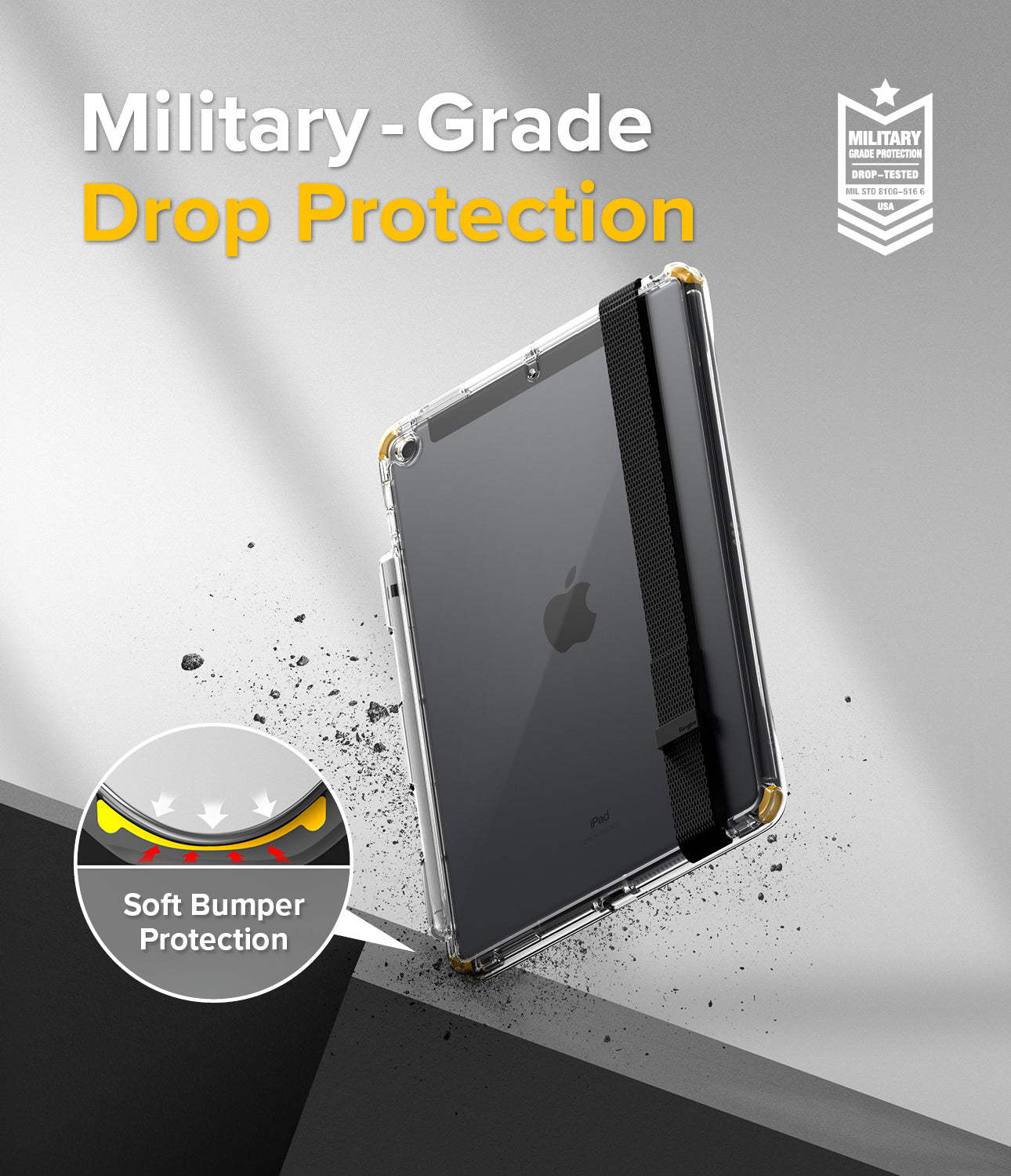 Fusion Plus | iPad - Clear iPad case with yellow corner bumpers, black strap, and military-grade drop protection label.