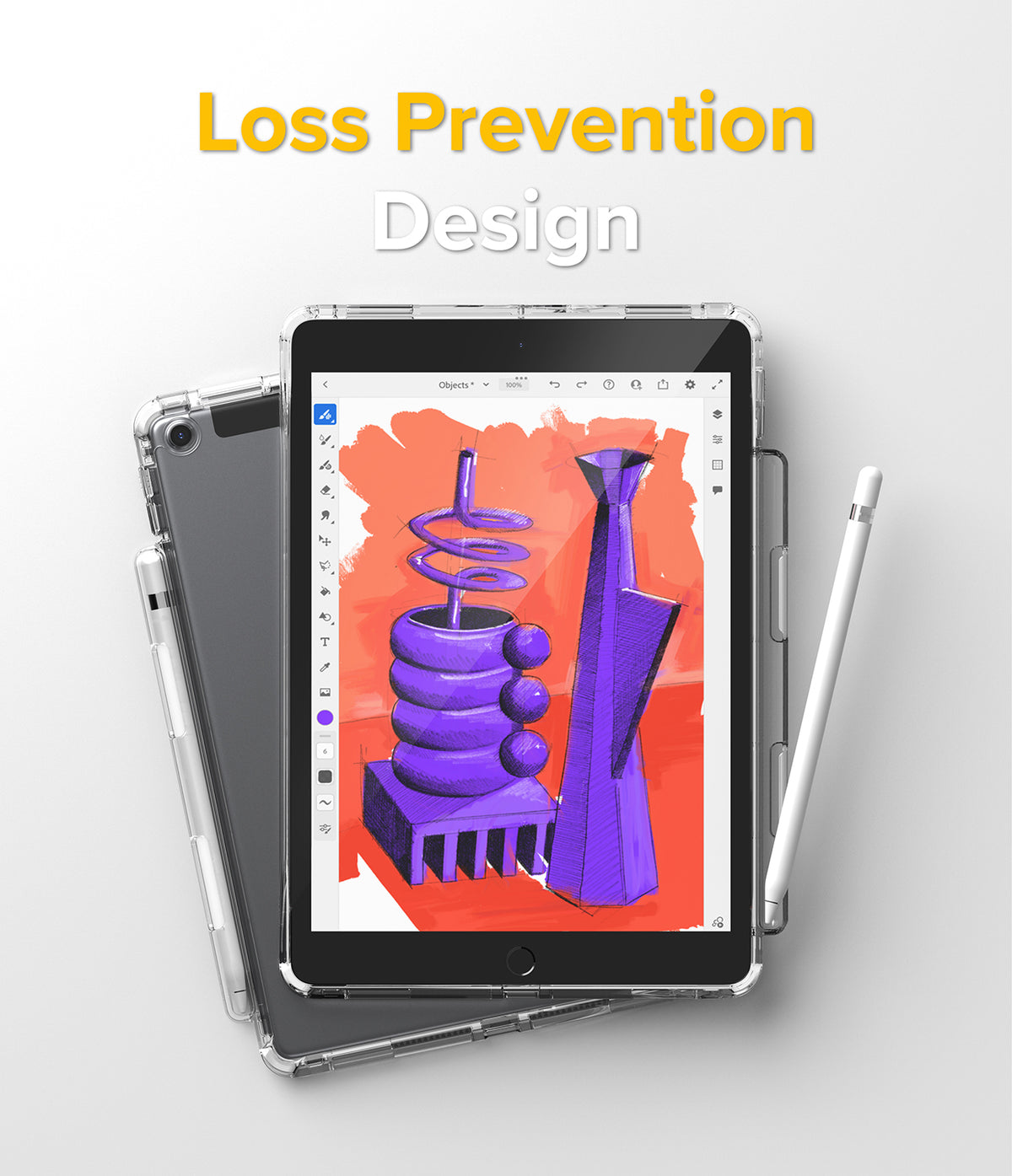 Fusion Plus | iPad - Clear protective case on an iPad displaying a digital illustration with a stylus pen attached.