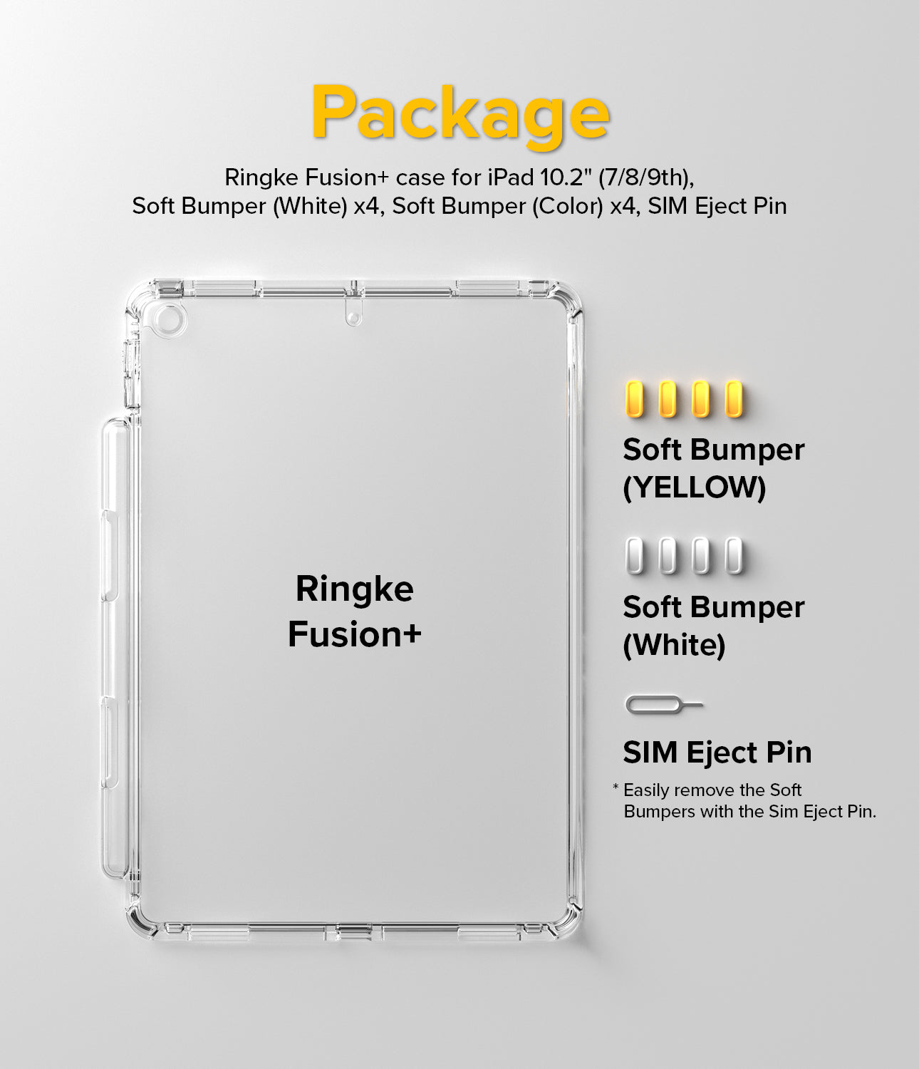 Fusion Plus | iPad - Clear iPad case with yellow and white bumper sets and a SIM eject pin on a light background.