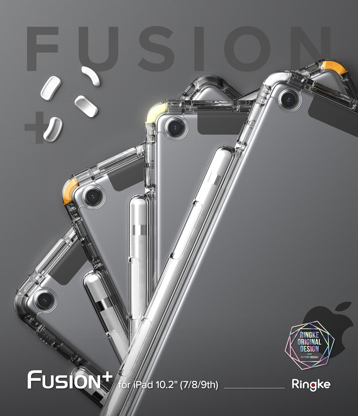 Fusion Plus | iPad - Three clear iPad cases with yellow corner bumpers and a stylus holder, displayed on a grey background.