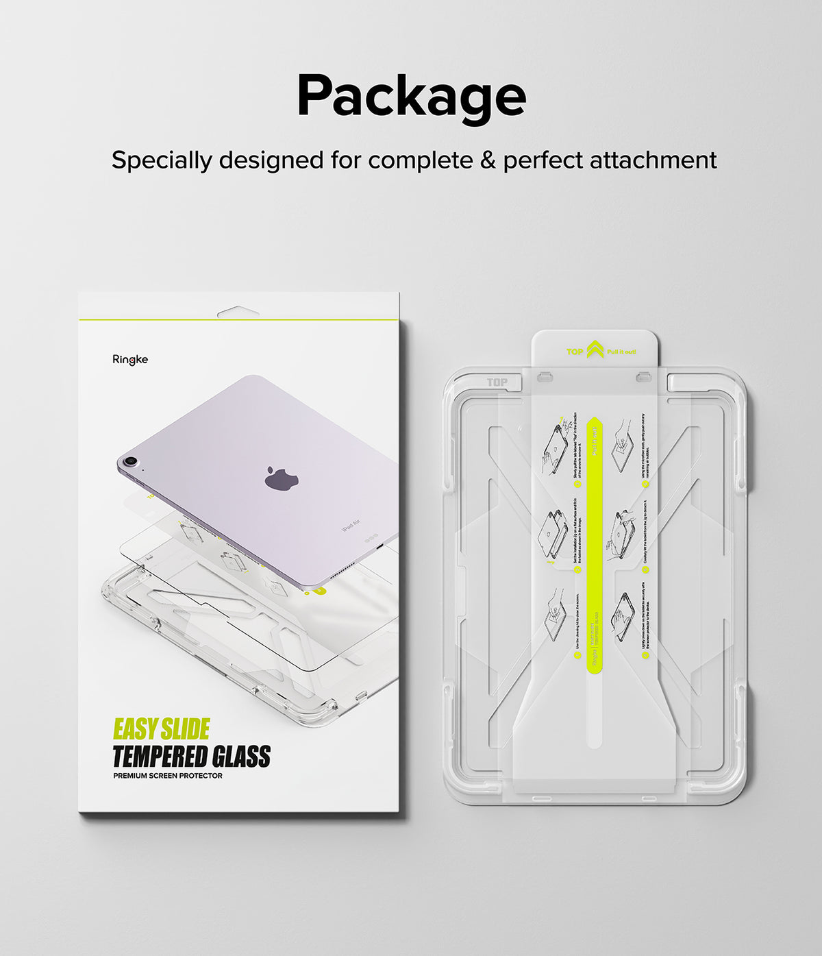 Easy Slide Tempered Glass | iPad - Packaging and installation tray for an iPad screen protector with instructional diagrams.