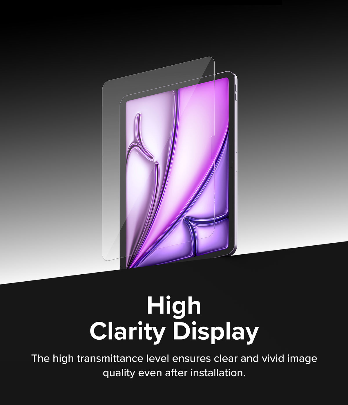 Easy Slide Tempered Glass | iPad - A clear screen protector hovering above an iPad displaying a vibrant purple abstract graphic.