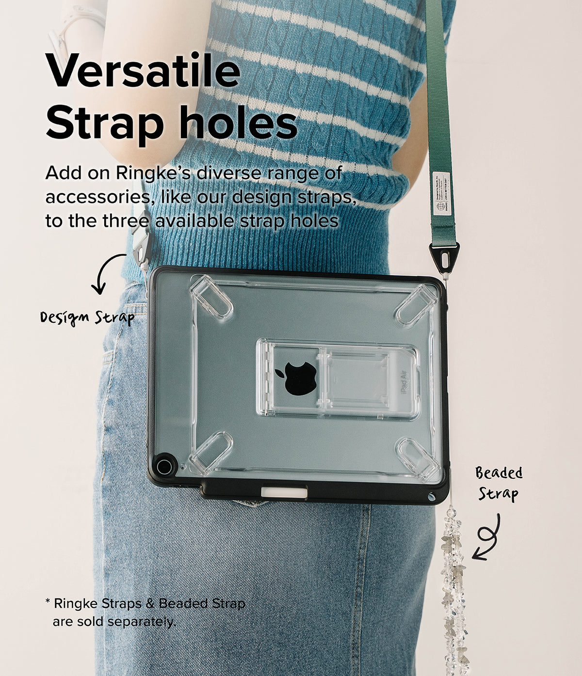 Fusion Sketch Stand | iPad - iPad in a clear case with strap holes worn as a crossbody bag with green and beaded straps.