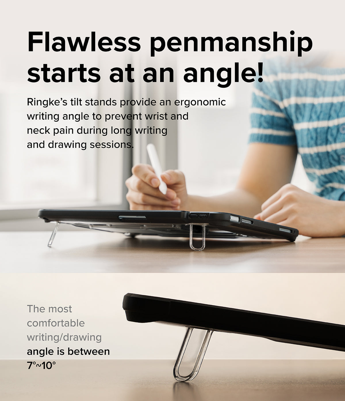 Fusion Sketch Stand | iPad - A person using a stylus on an iPad propped up at an ergonomic angle by a clear tilt stand.