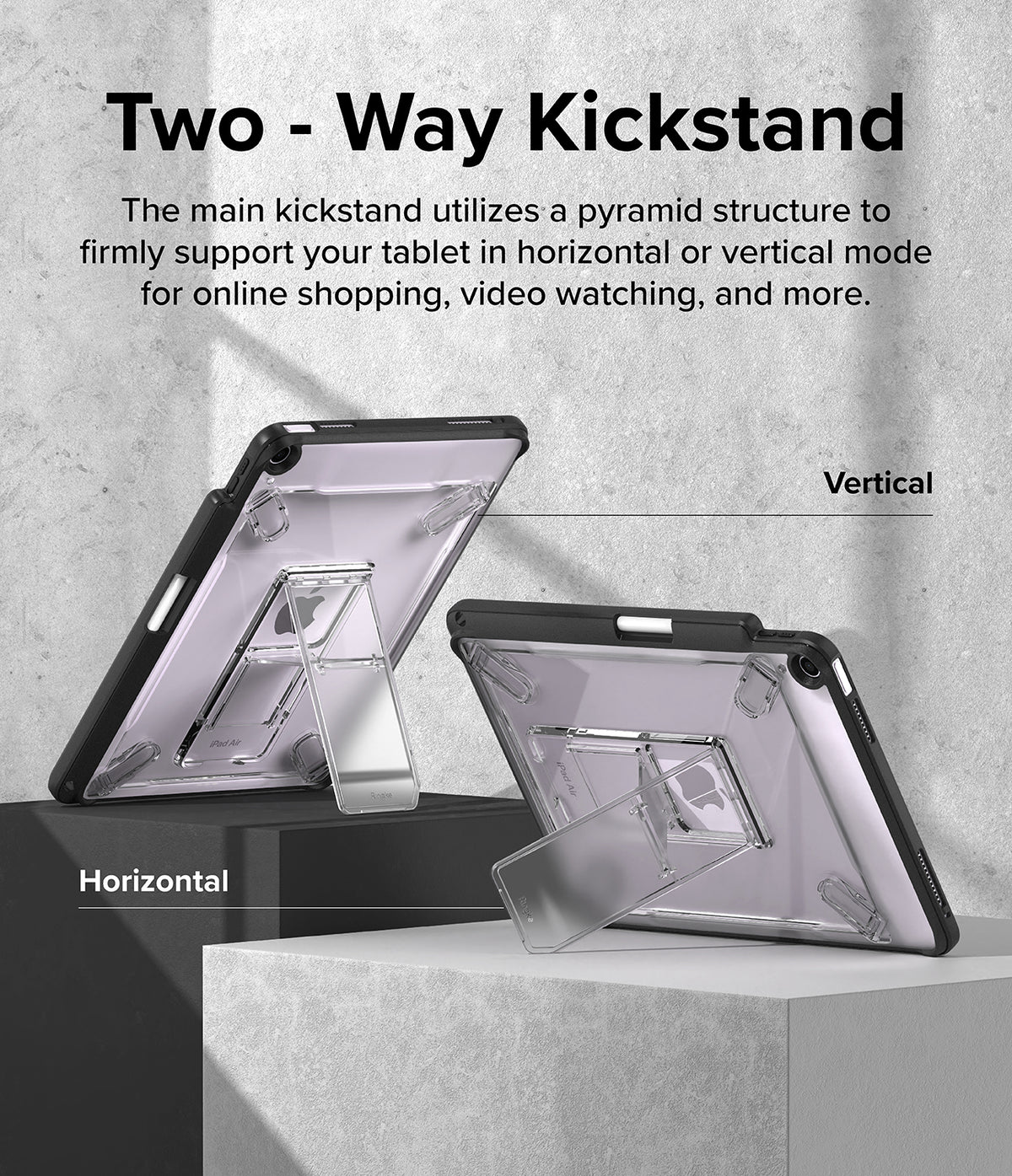 Fusion Sketch Stand | iPad - Two tablets in clear cases with pyramid kickstands shown in vertical and horizontal orientations.