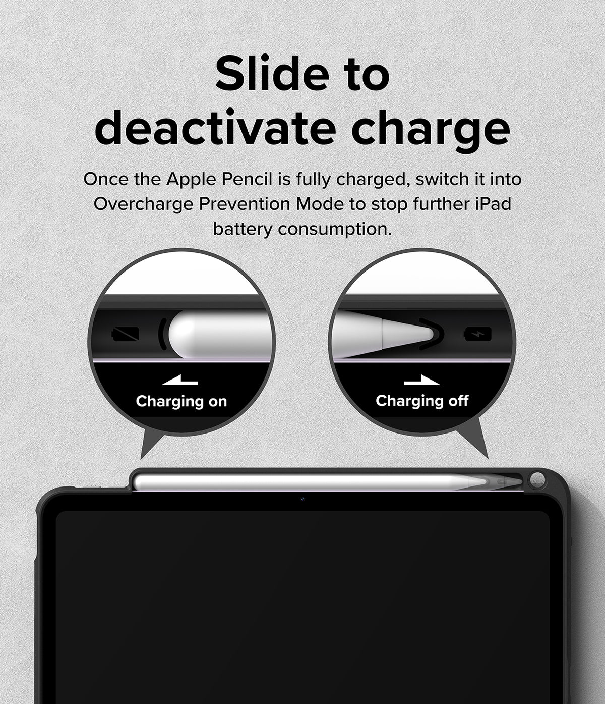 Fusion Sketch Stand | iPad - Diagram showing how to slide the Apple Pencil to toggle charging on or off on an iPad case.