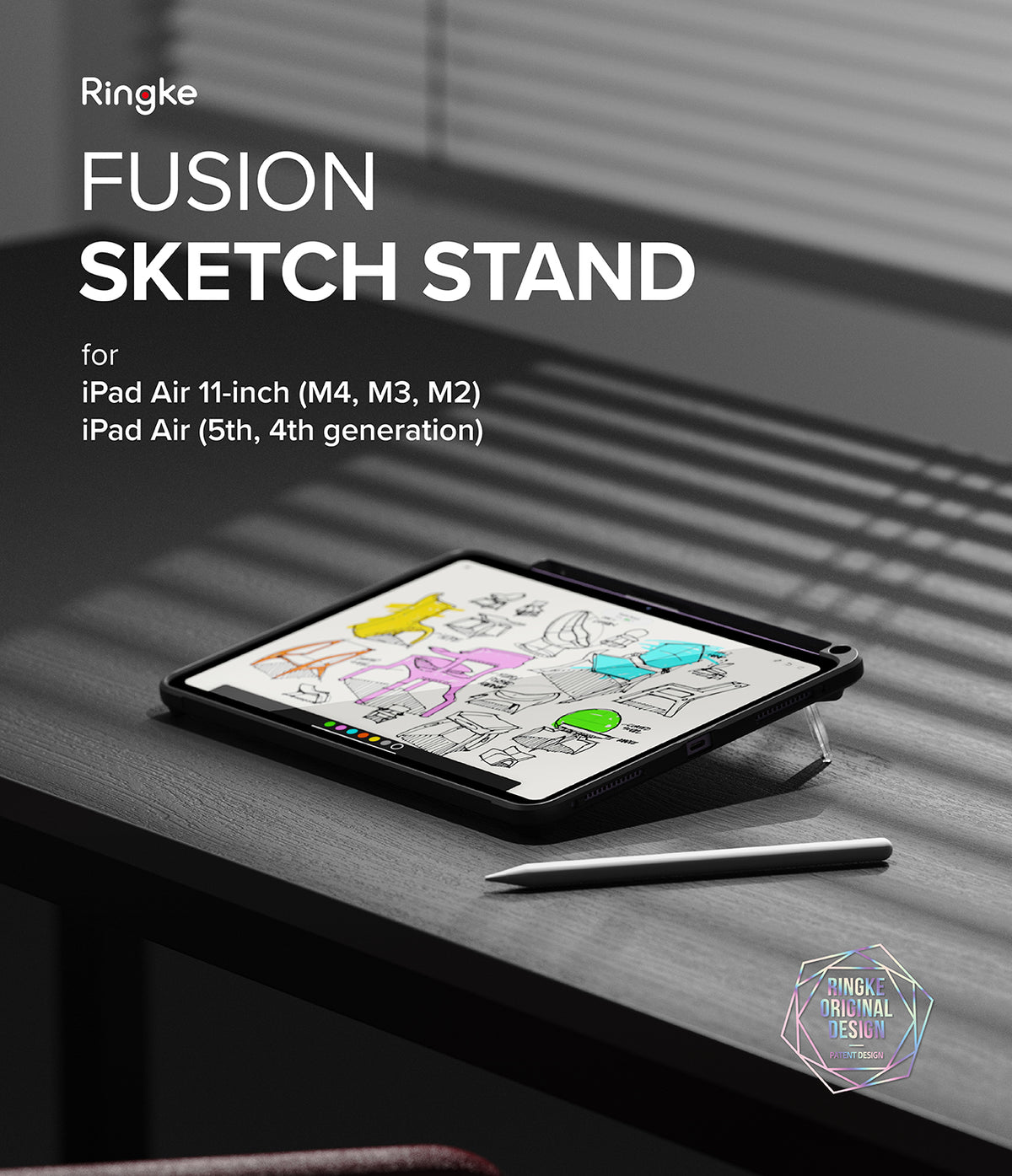 Fusion Sketch Stand | iPad - iPad in a black case with a built-in kickstand displaying a digital sketch on a dark wooden desk.