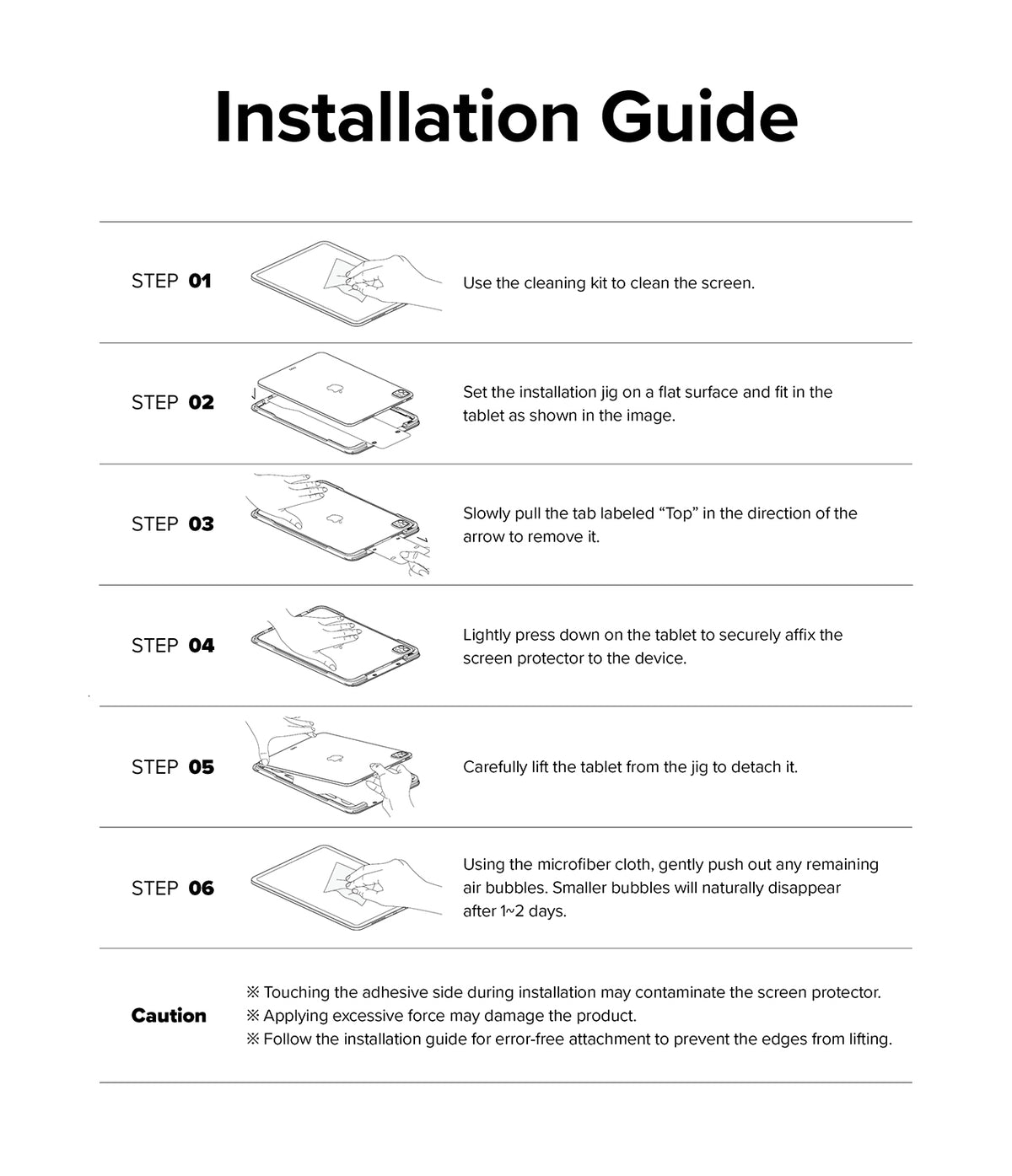 Easy Slide Tempered Glass | iPad - Six-step illustrated guide for installing a screen protector on an iPad using an alignment jig.