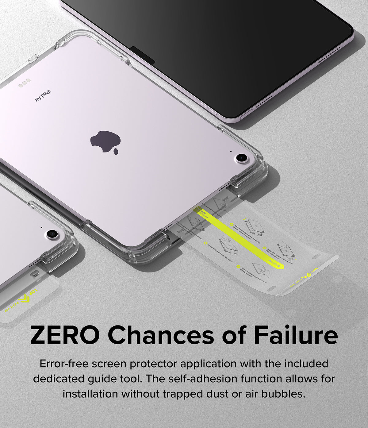 Easy Slide Tempered Glass | iPad - iPad inside an installation guide tool with a pull-tab for easy screen protector application.