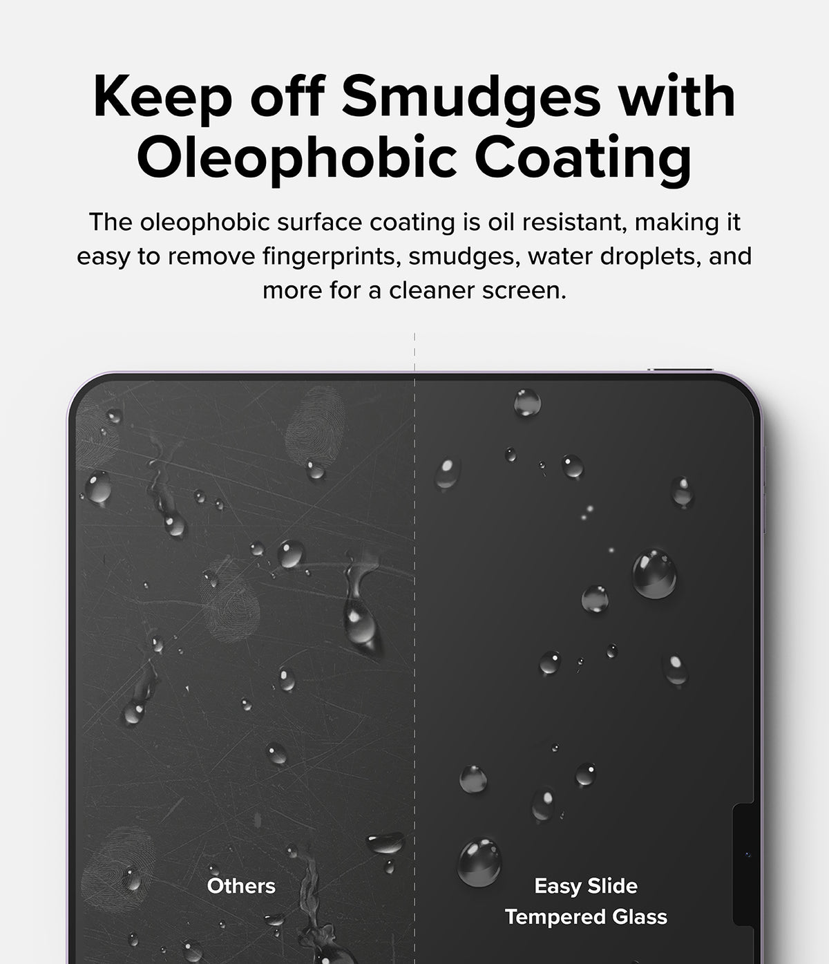 Easy Slide Tempered Glass | iPad - Easy Slide Tempered Glass - Comparison showing water droplets beading on Easy Slide glass versus smudged standard glass.