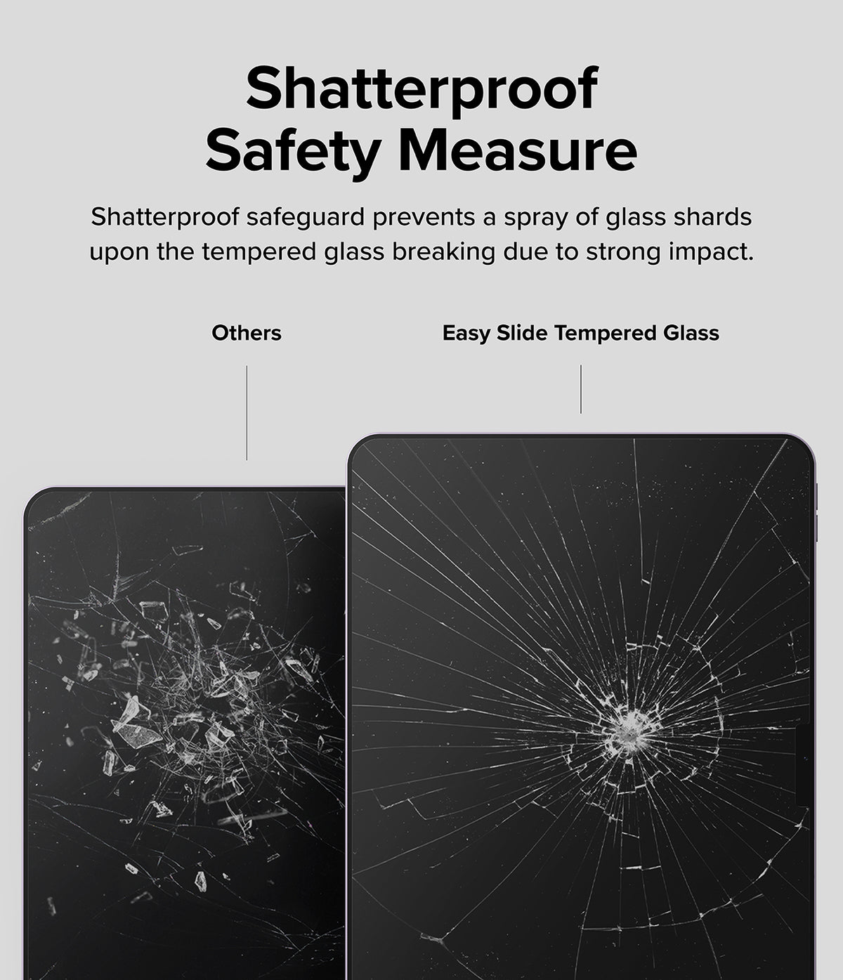 Easy Slide Tempered Glass | iPad - Comparison of shattered standard glass versus crack-contained Easy Slide tempered glass.