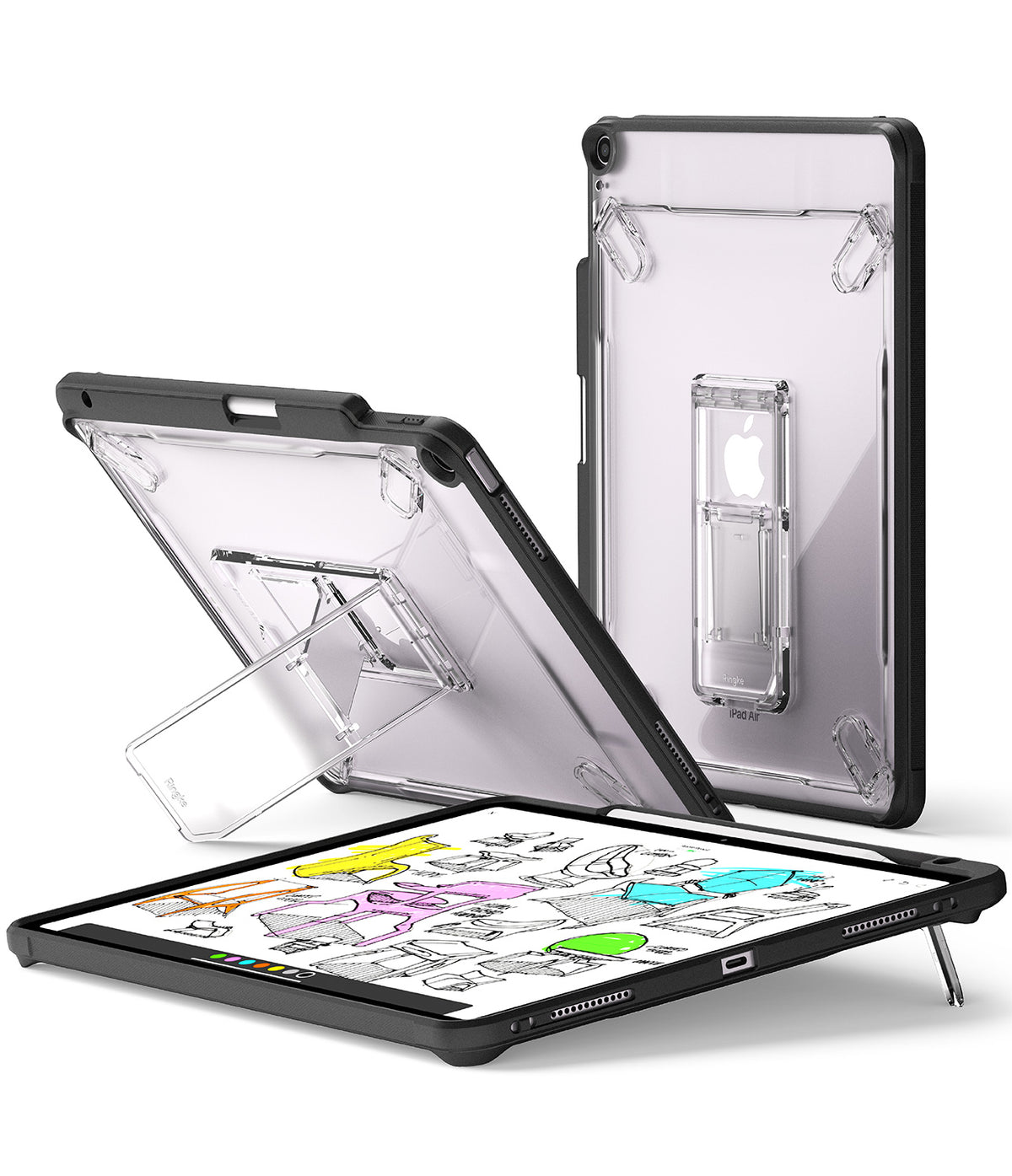 Fusion Sketch Stand | iPad - Clear protective iPad cases with integrated folding kickstands shown in upright and tilted positions.