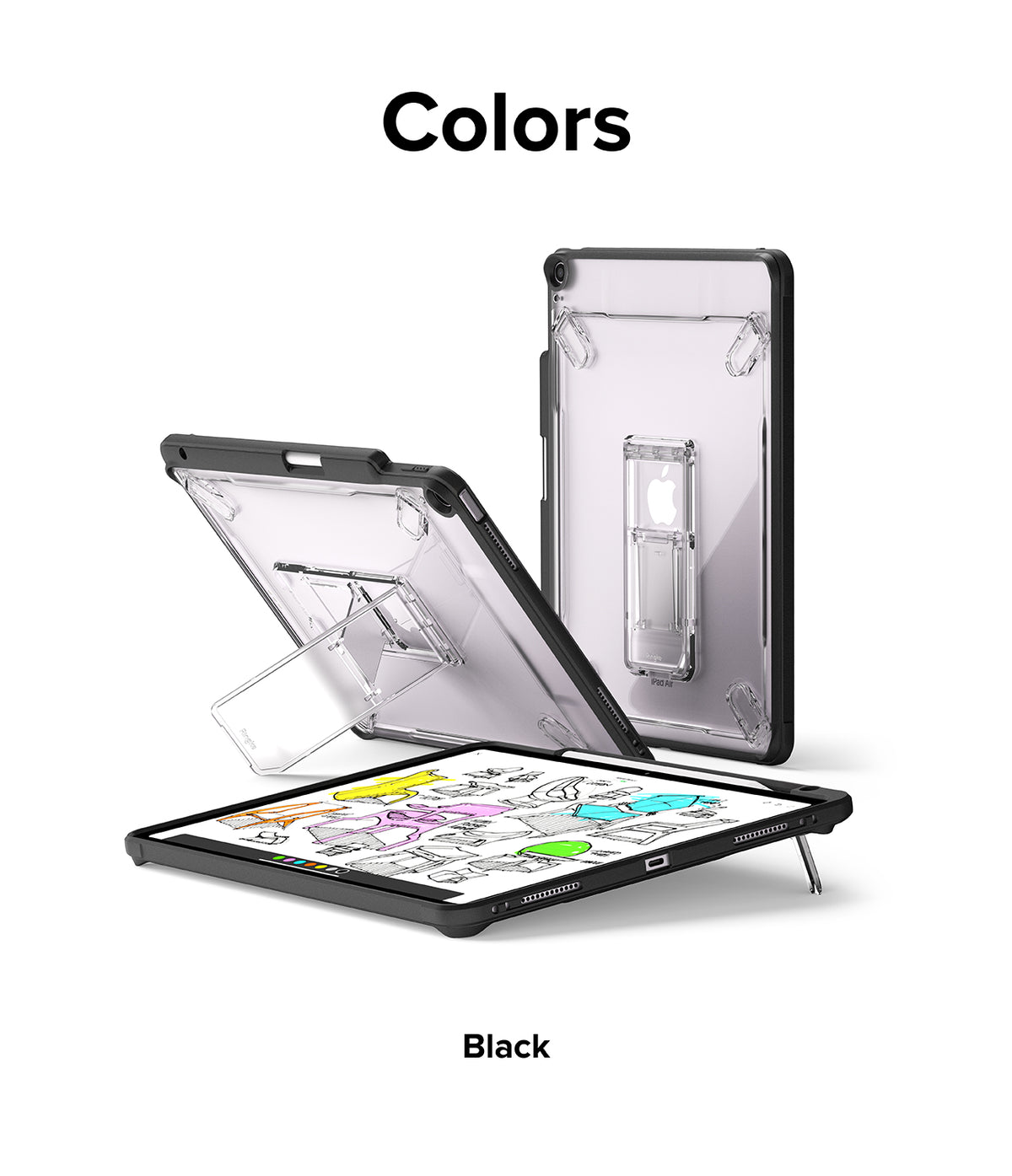 Fusion Sketch Stand | iPad - Black iPad case with clear back and integrated kickstand shown in multiple viewing angles.
