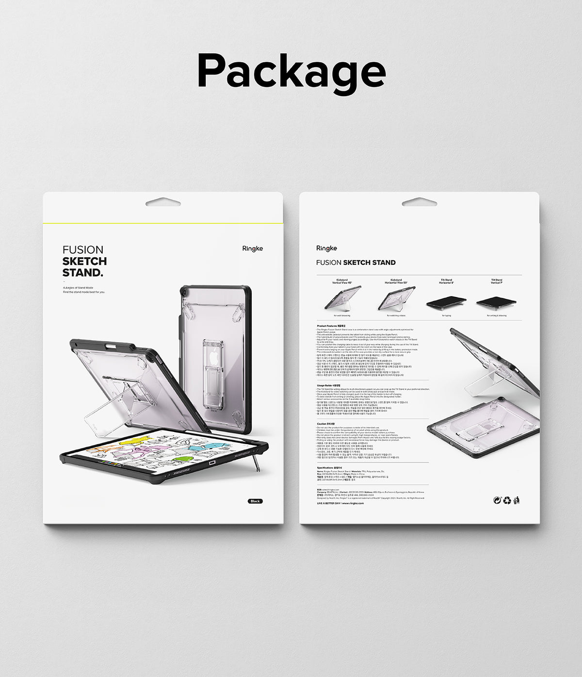 Fusion Sketch Stand | iPad - Front and back view of retail packaging for a clear iPad case with an integrated kickstand.