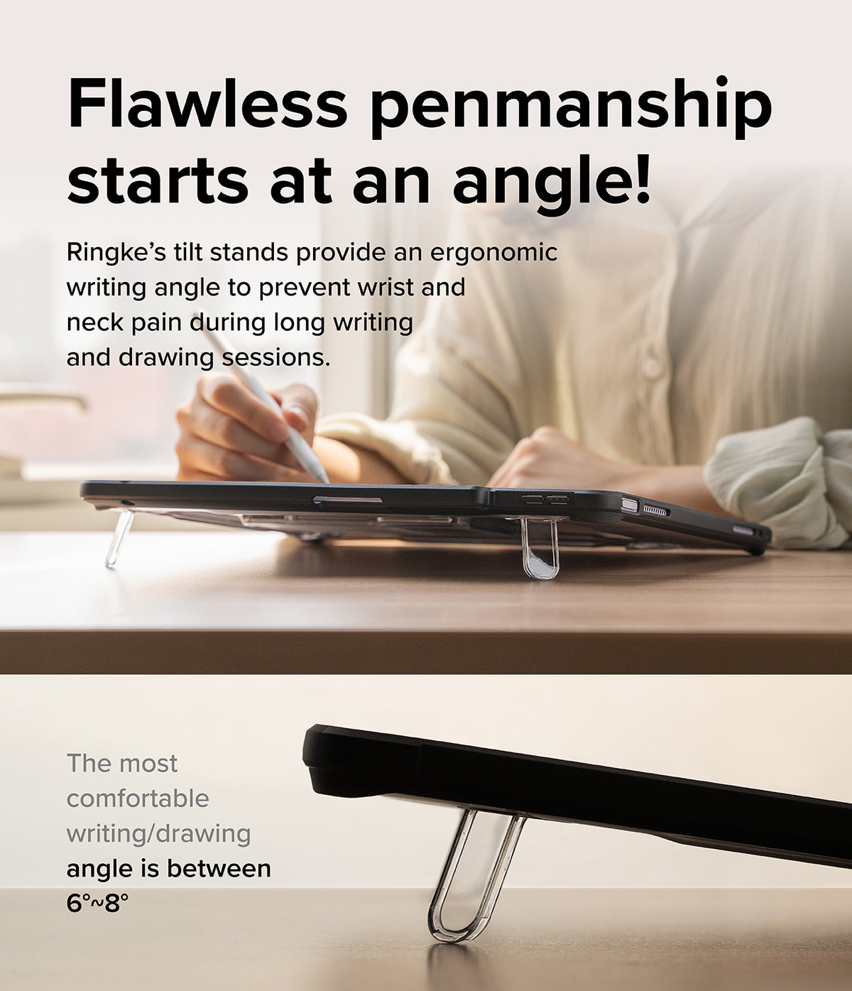Fusion Sketch Stand | iPad - Person using a stylus on an iPad propped up by a clear, ergonomic tilt stand on a desk.