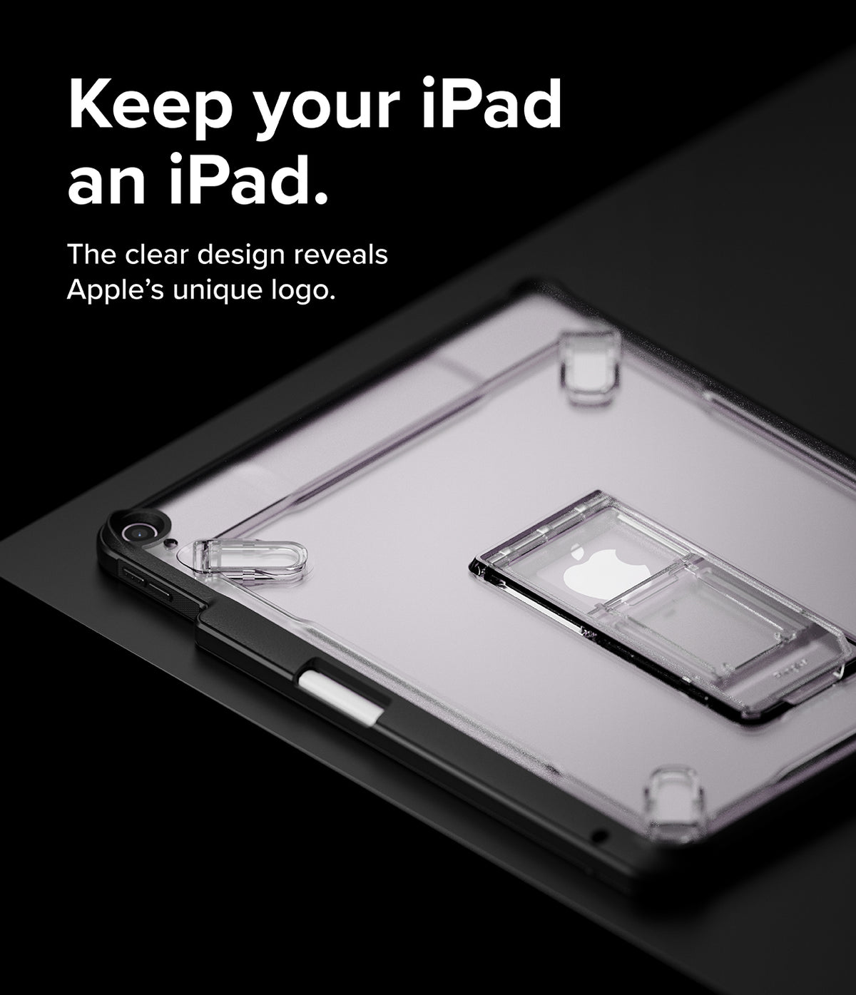 Fusion Sketch Stand | iPad - A clear protective case on an iPad showing the Apple logo and an integrated folding kickstand.