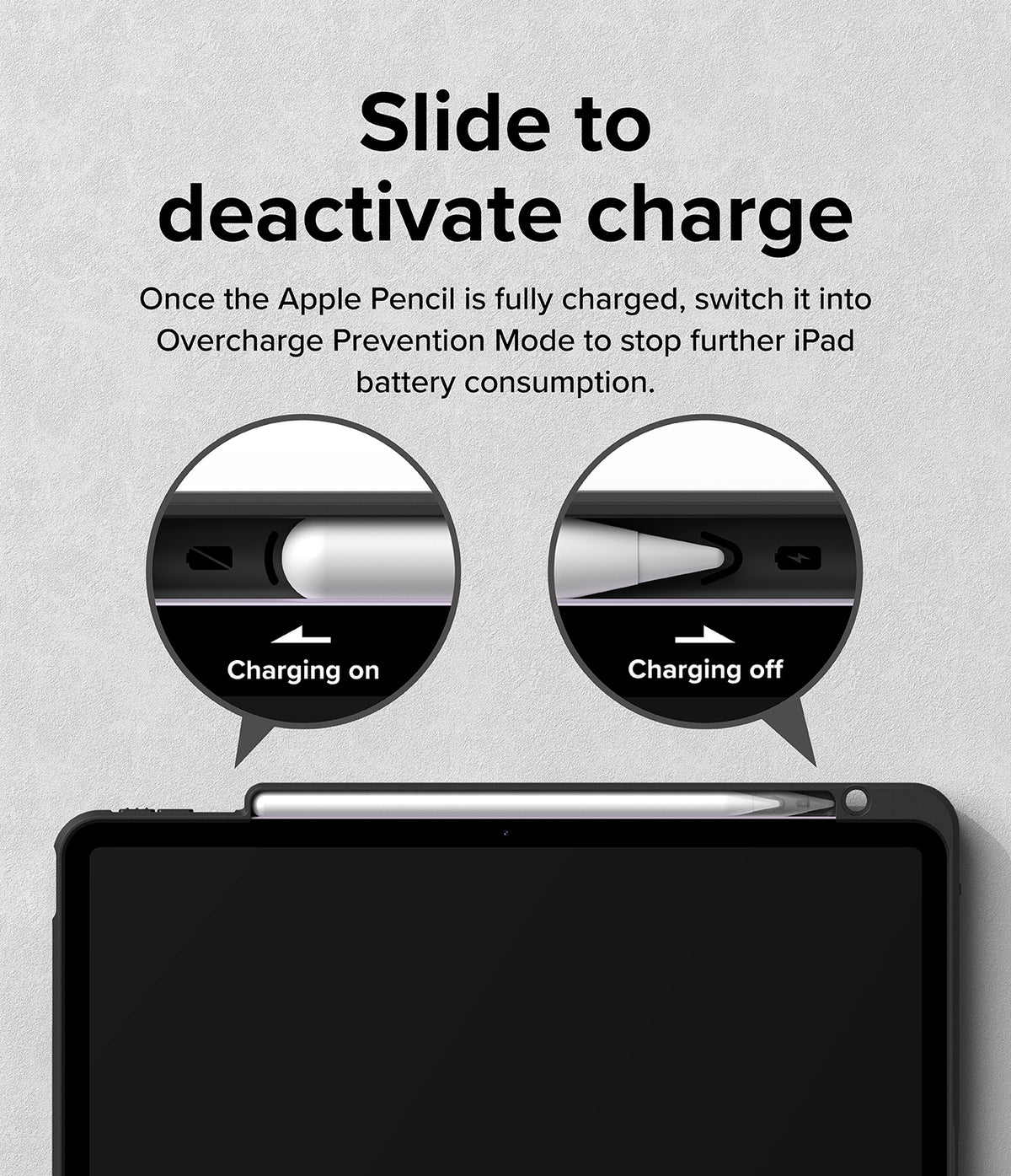 Fusion Sketch Stand | iPad - Diagram showing how to slide the Apple Pencil to toggle charging on or off on an iPad.