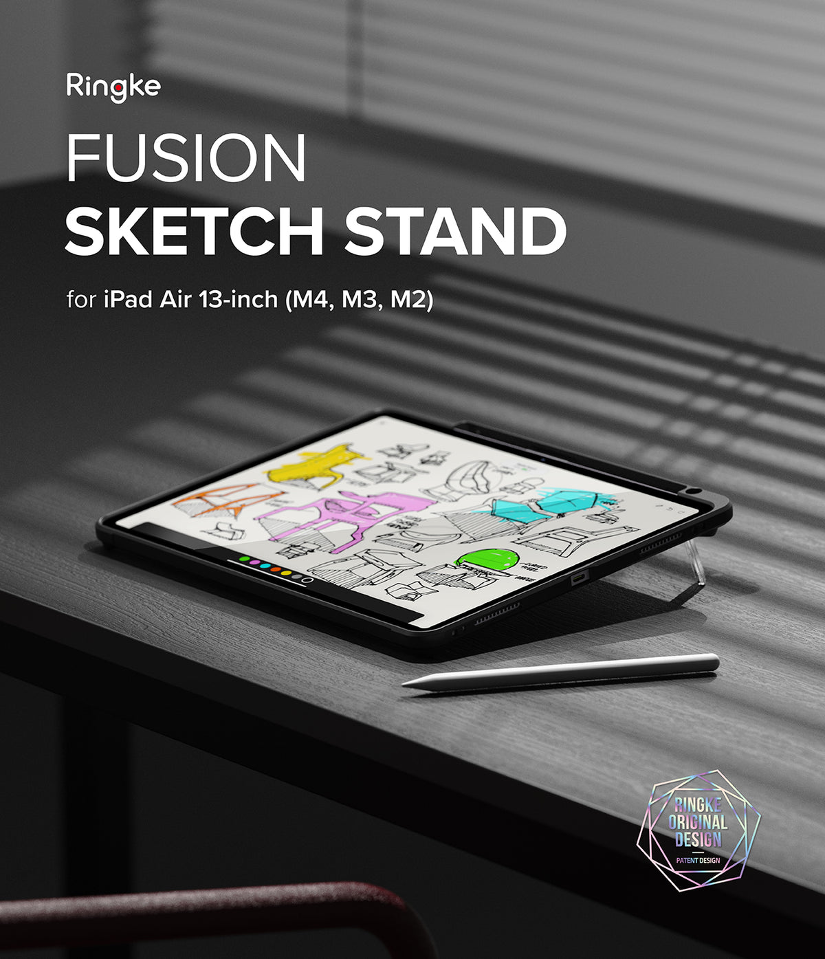 Fusion Sketch Stand | iPad - iPad Air 13-inch propped up on a desk with a stylus nearby, displaying colorful digital sketches.