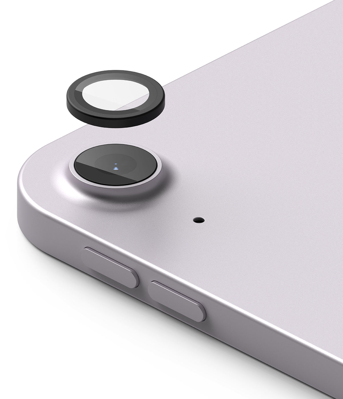 Camera Lens Frame Glass | iPad - A protective black lens cover hovering above the rear camera of a light purple tablet.