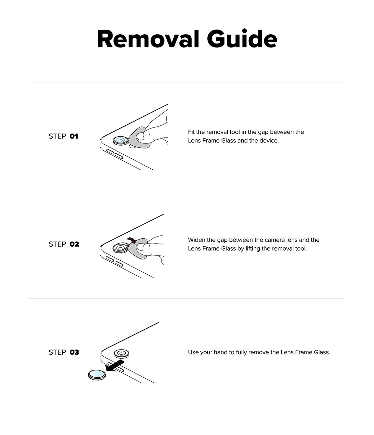 Camera Lens Frame Glass | iPad - Three-step illustrated guide showing how to remove a lens protector using a tool.