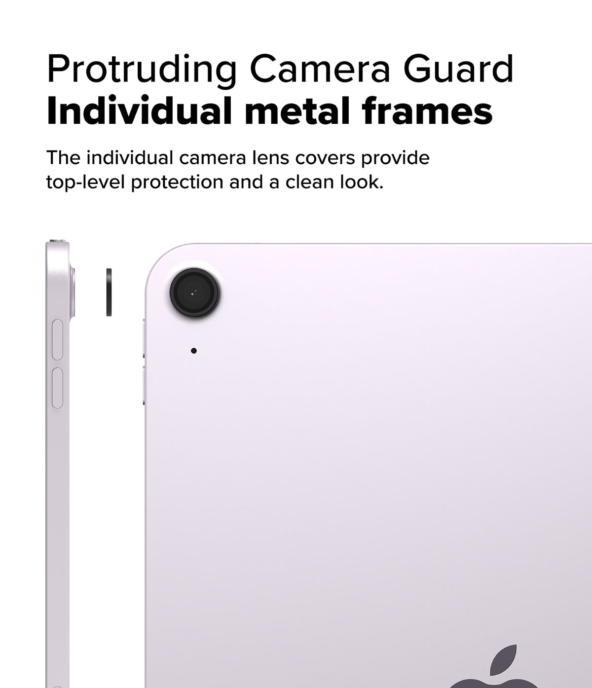 Camera Lens Frame Glass | iPad - A purple iPad with a protective black metal camera lens cover being applied.