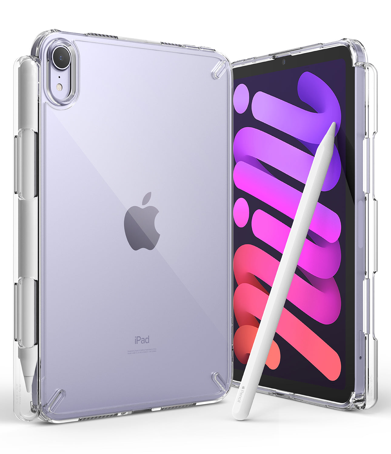 Fusion | iPad - A purple iPad mini in a clear protective case with a white stylus attached to the side.