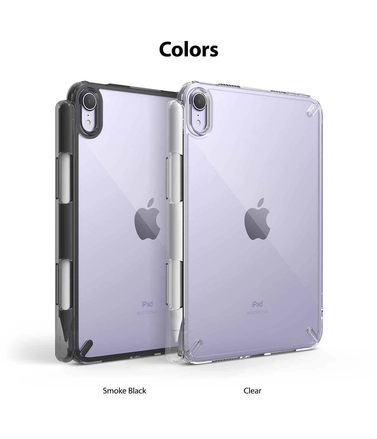 Fusion | iPad - Two iPads in smoke black and clear protective cases with stylus holders, displayed against a white background.