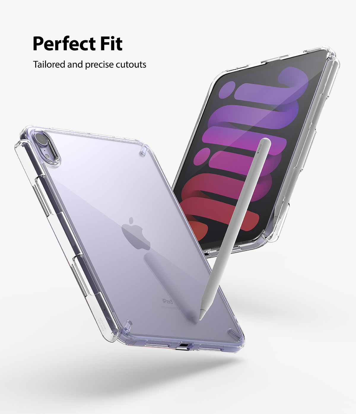 Fusion | iPad - Clear protective case on a purple iPad mini with a stylus, highlighting precise cutouts and fit.