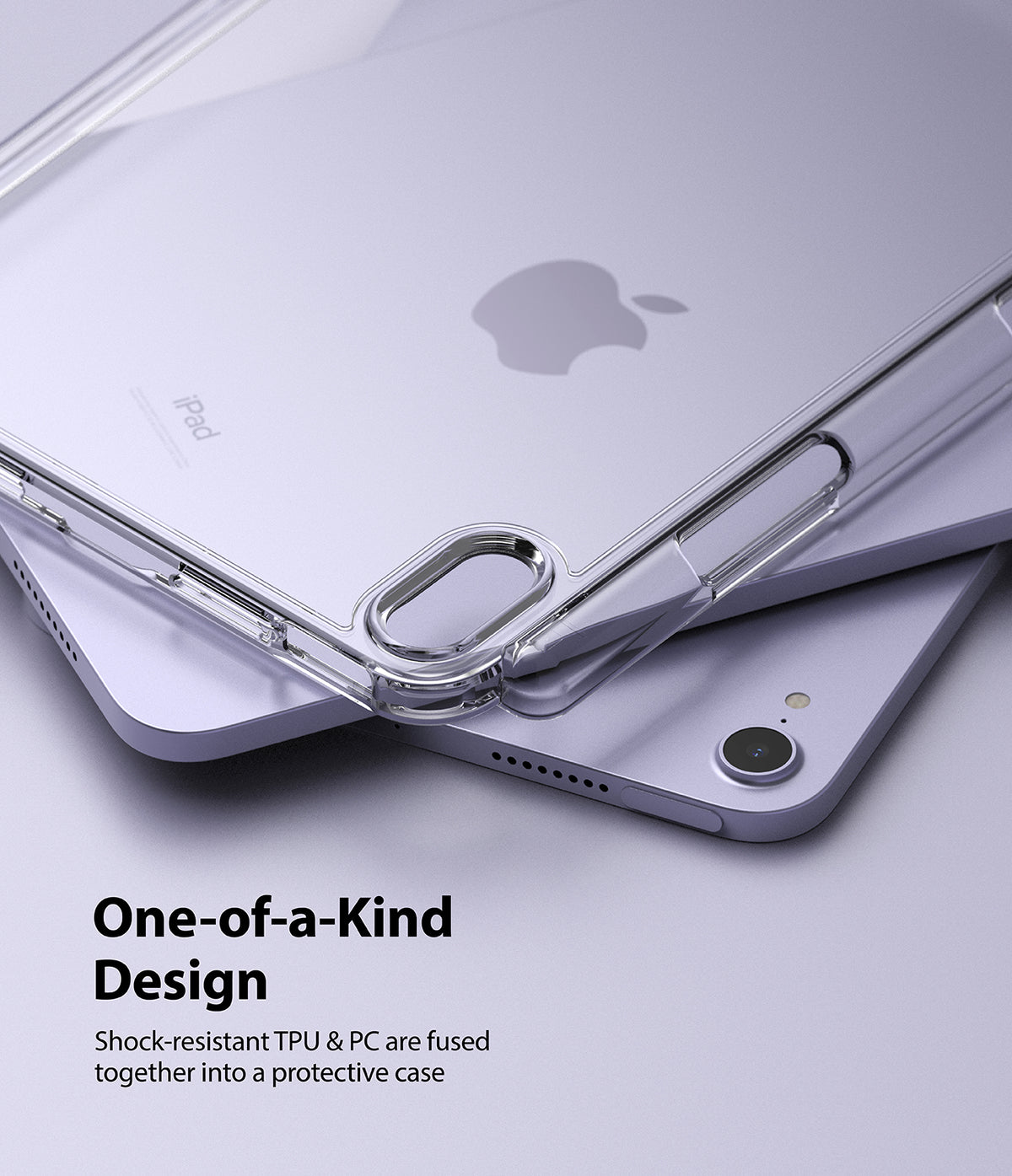Fusion | iPad - A clear protective case on a light purple iPad, highlighting the camera cutout and fused TPU and PC materials.