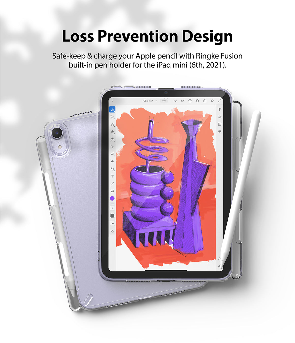 Fusion | iPad - Clear iPad mini case with built-in Apple Pencil holder, displaying a digital art app on the screen.